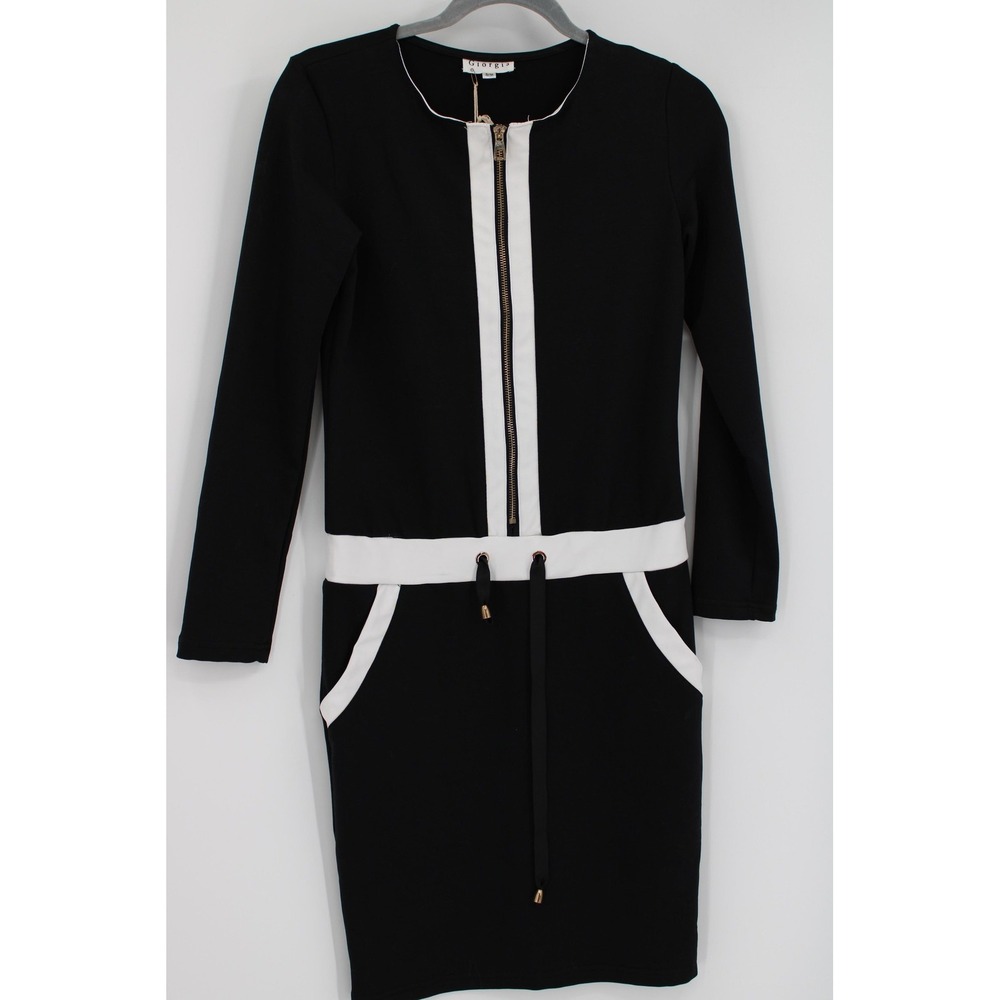 Giorgia Dress Womens Small Medium Black White Zip Front Long Sleeve Pockets S/M